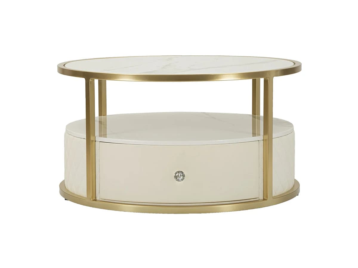 Table Basse Effet Marbre "Sharon" 75cm Blanc & Or