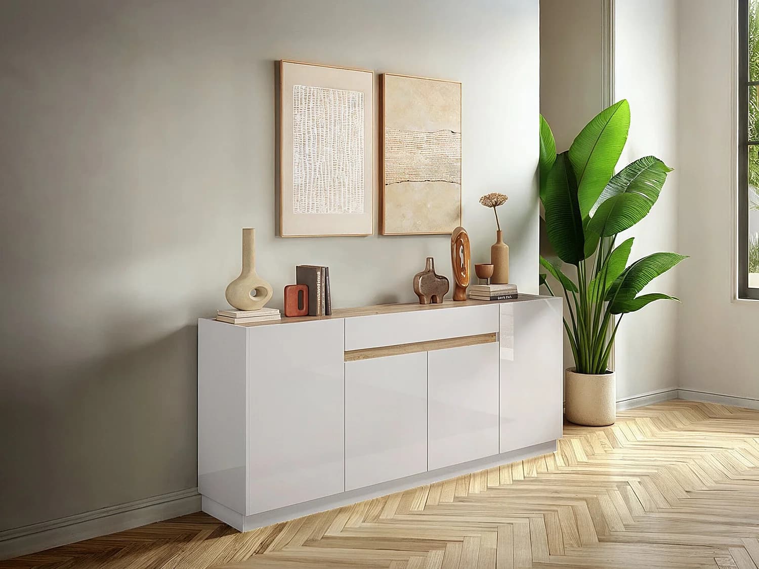Buffet avec 4 portes et 1 tiroir - Blanc et Naturel - EMORA