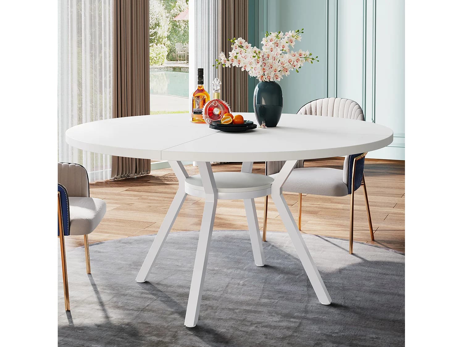 Table de Salle à Manger Ronde avec Plateau Effet MDF,120x120x75cm, avec Quatre Pieds en Métal, Blanche,Rétro Scandinave Parfaite