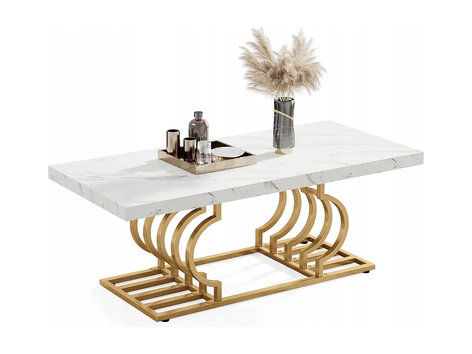 Table Basse Moderne, Faux Marbre Table de Cocktail avec Piètement Géométrique, Table d'appoint de Canapé Rectangulaire, Blanc et Or
