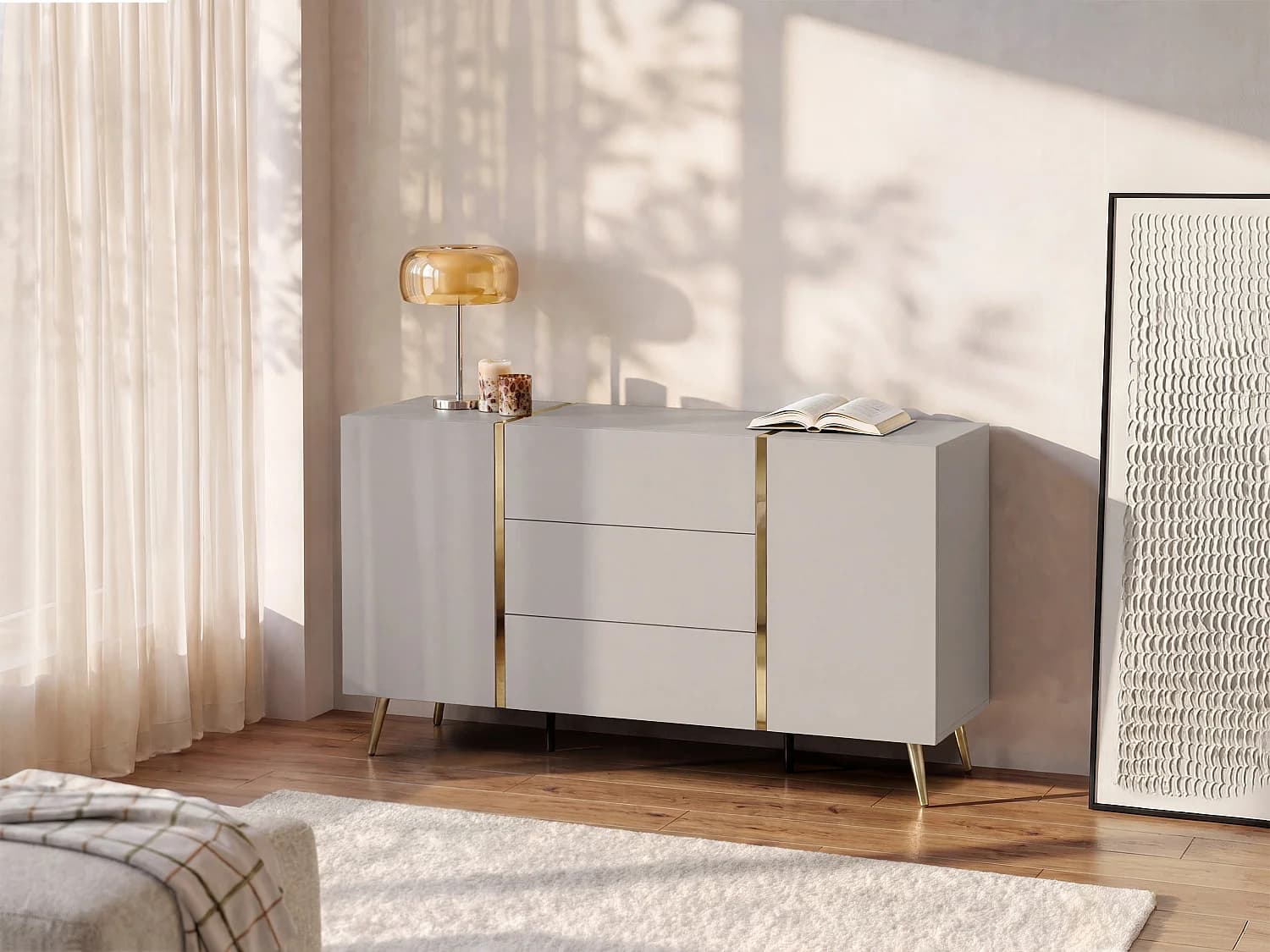 Buffet avec 2 portes et 3 tiroirs - Beige et Doré - MARZIALO