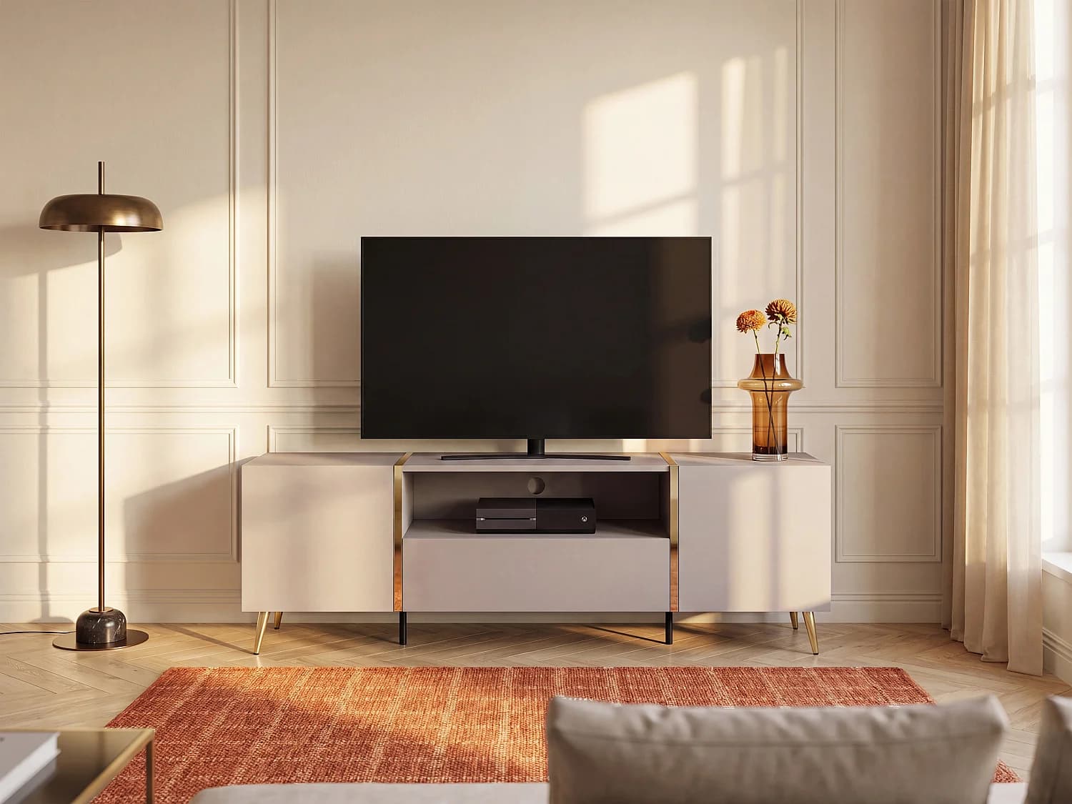 Meuble TV avec 2 portes, 1 tiroir et 1 niche - Beige et Doré - MARZIALO