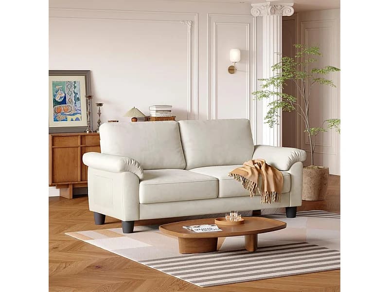 Canapé de salon 2 place en tissu chenille, Canapé moderne du milieu du siècle, avec sac de rangement, 178x75x87cm, Beige