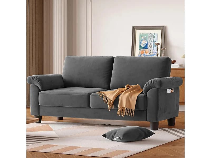 Canapé de salon 2 place en tissu chenille, Canapé moderne du milieu du siècle, avec sac de rangement, 178x75x87cm, Gris