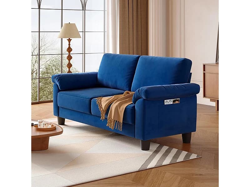 Canapé de salon 2 place en tissu chenille, Canapé moderne du milieu du siècle, avec sac de rangement, 178x75x87cm, Bleu
