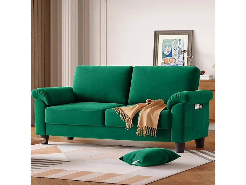 Canapé de salon 2 place en tissu chenille, Canapé moderne du milieu du siècle, avec sac de rangement, 178x75x87cm, Vert