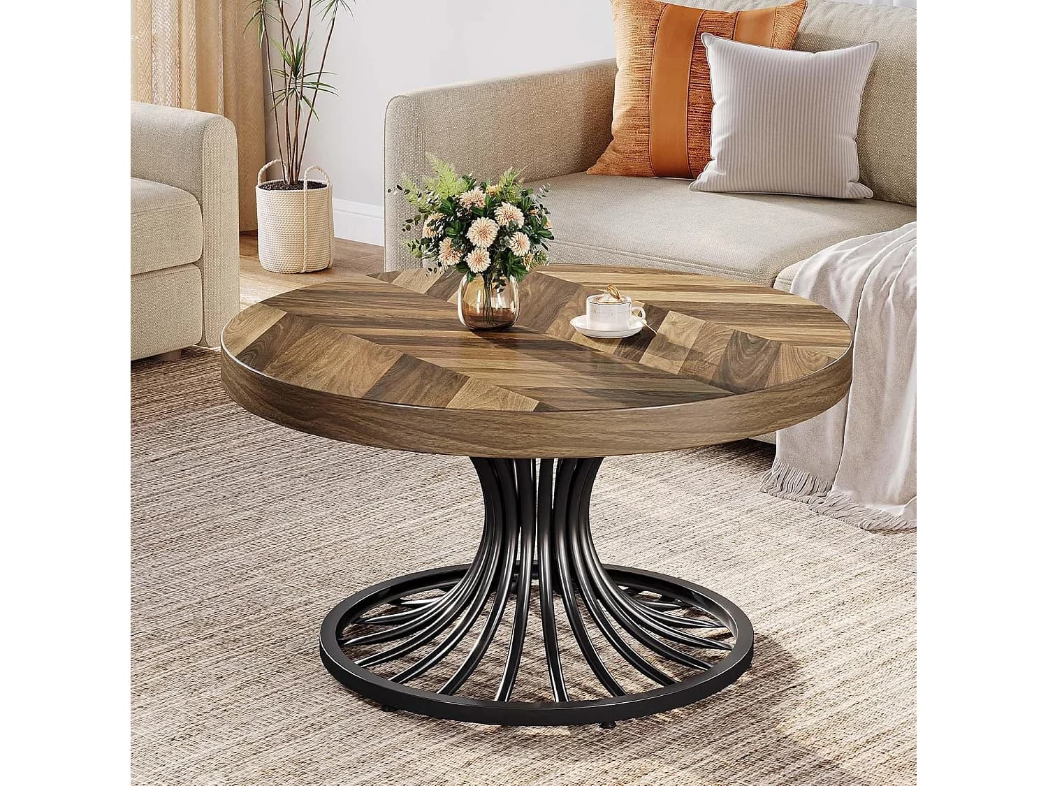 Table basse ronde en bois, table basse circulaire de 80 cm avec piédestal en métal, table basse industrielle unique