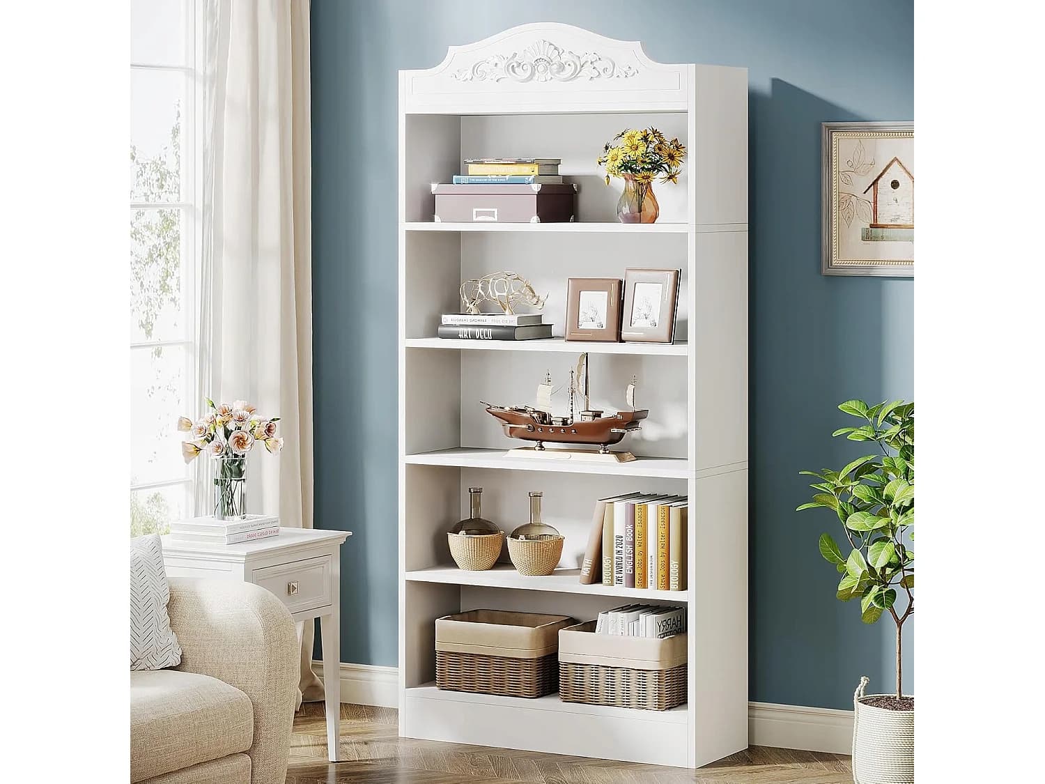 Bibliothèque Arquée de 190 cm, avec Étagères de Rangement, Grande Bibliothèque Ouverte Blanche, Étagères d'Affichage Bois, Bureau à Domicile