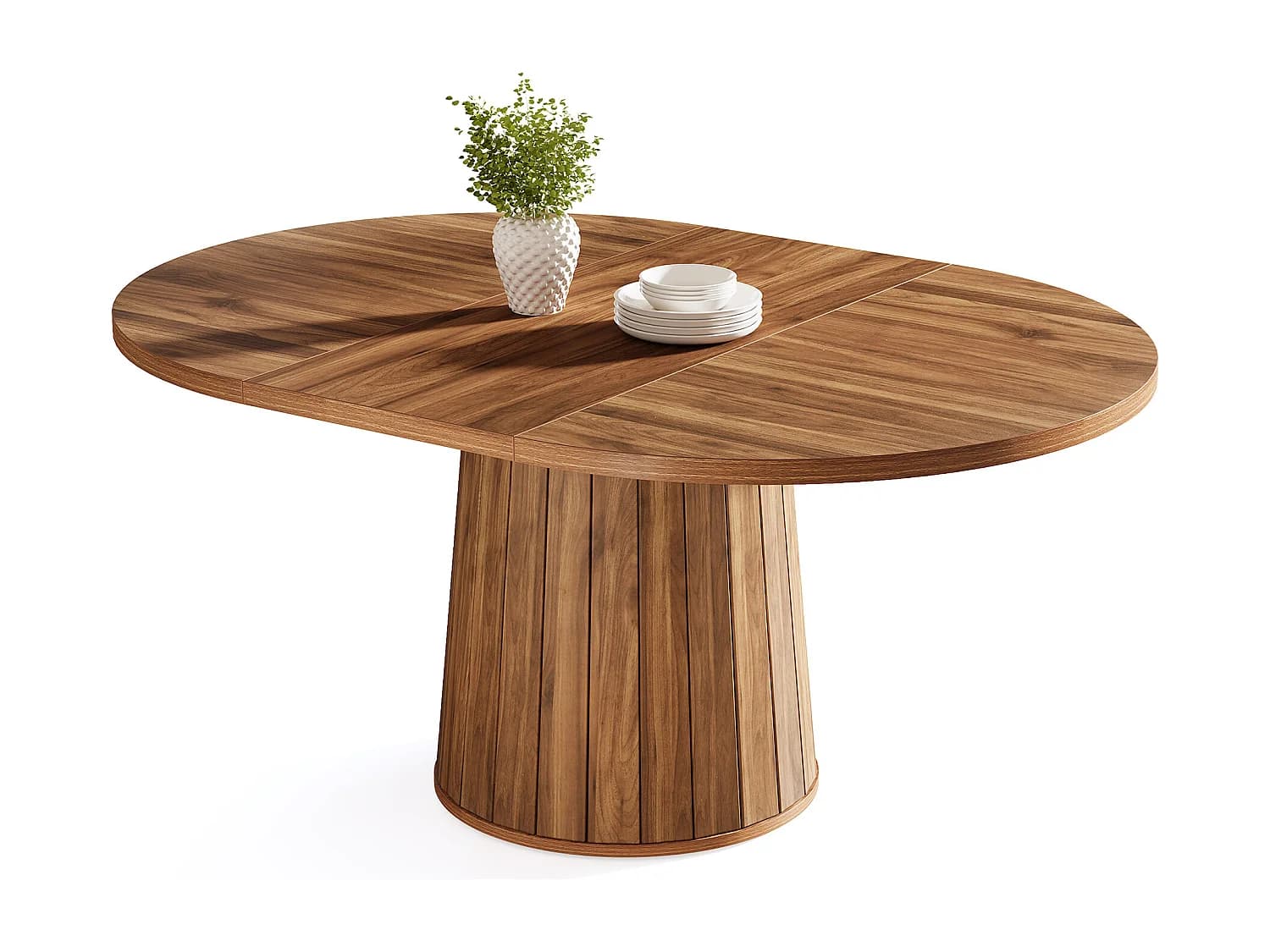 Table à manger ovale pour 6 personnes, table à manger en bois de 140 cm, table de cuisine rustique avec plateau en bois et base cylindrique (marron)