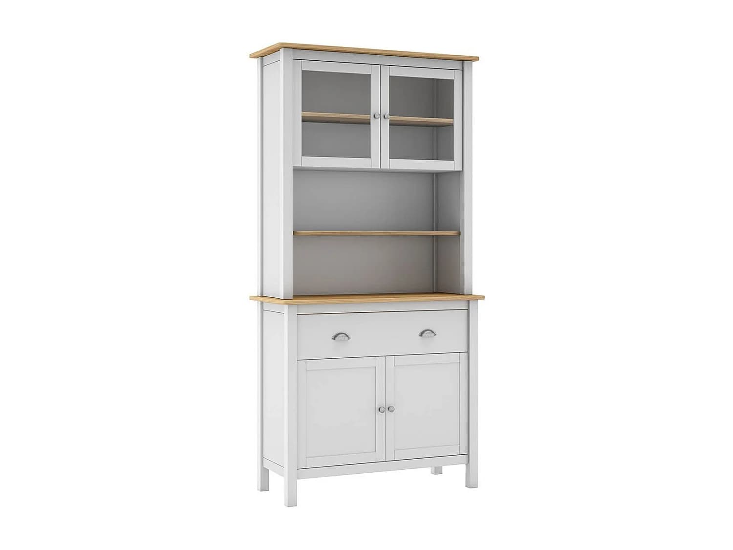 BASCO - Buffet Haut 4 Portes 2 Tiroirs en Pin Massif Naturel et Blanc