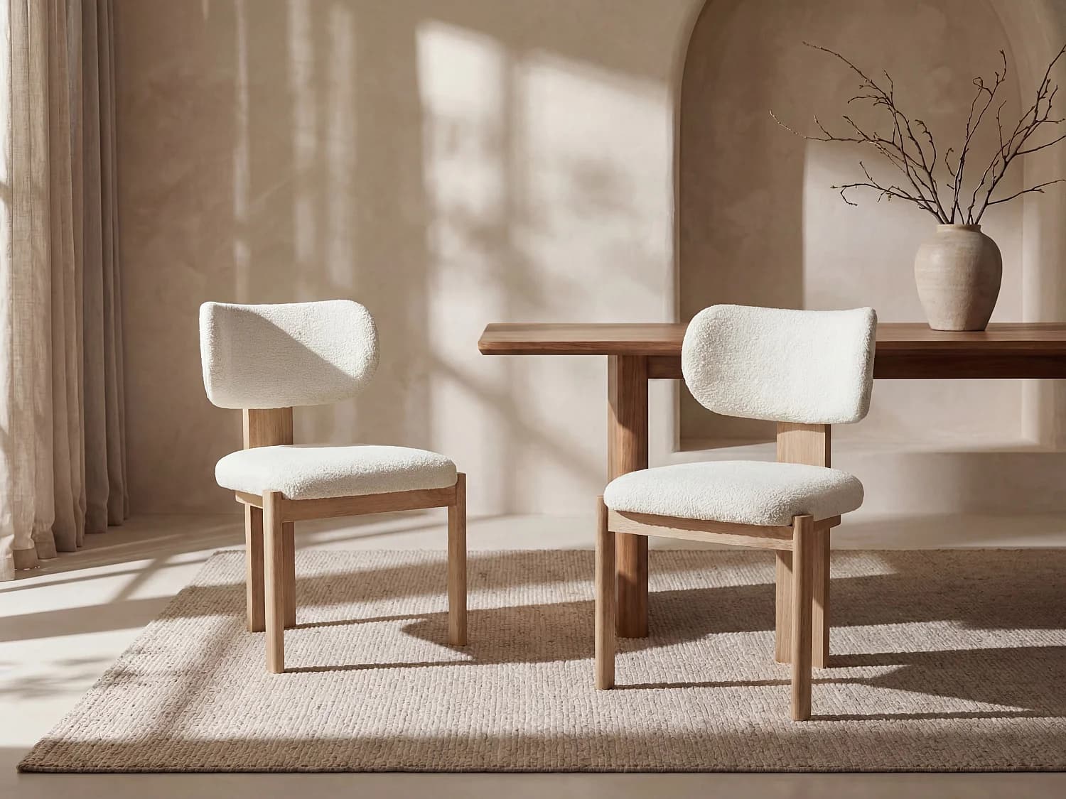 Lot de 2 chaises en tissu bouclette et bois d'hévéa - Blanc - WILANA
