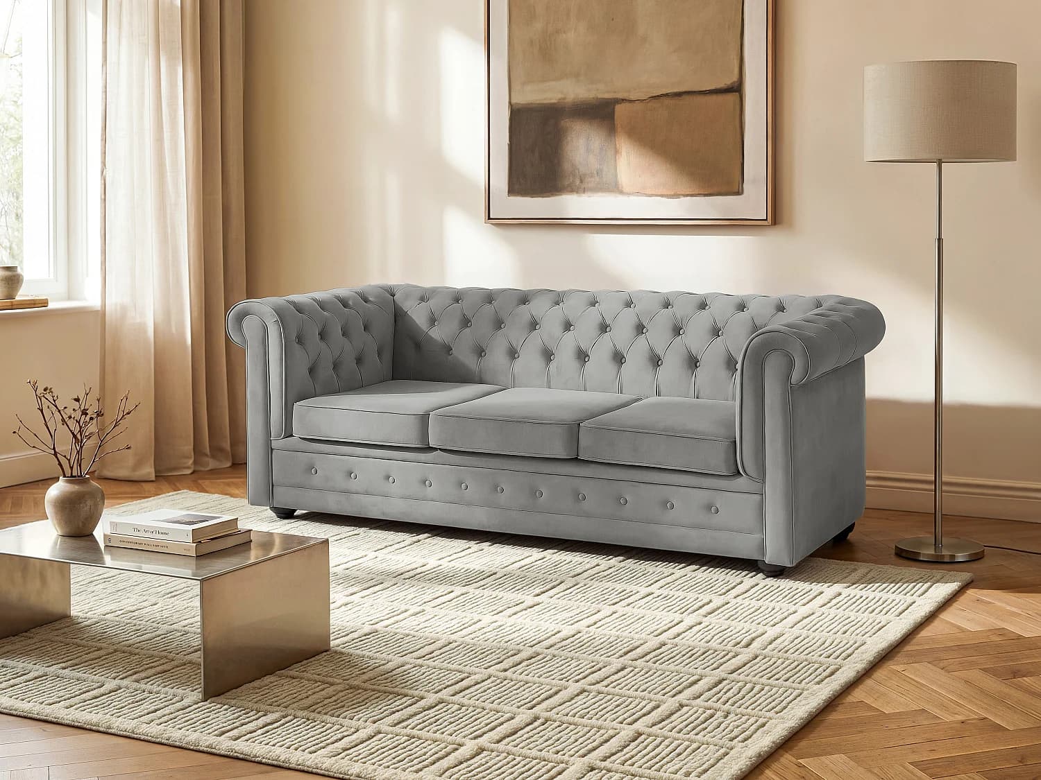 Canapé 3 places convertible en velours gris clair CHESTERFIELD