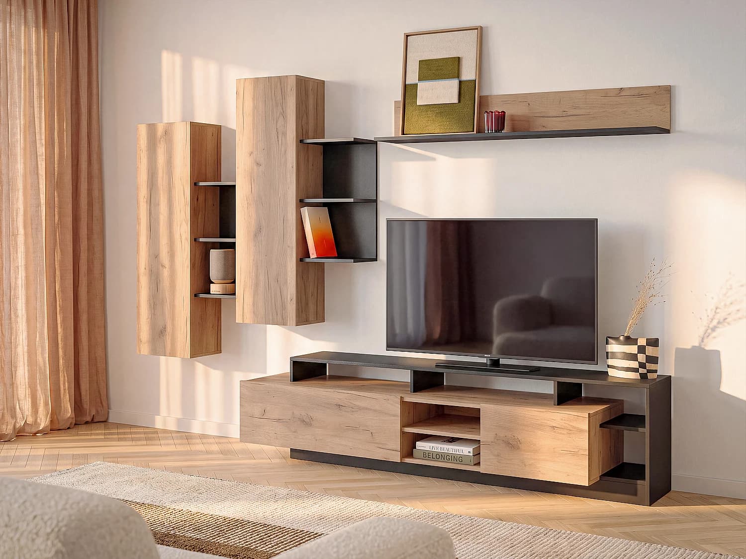 Mur TV avec rangements - Coloris : Naturel et anthracite - IDESIA