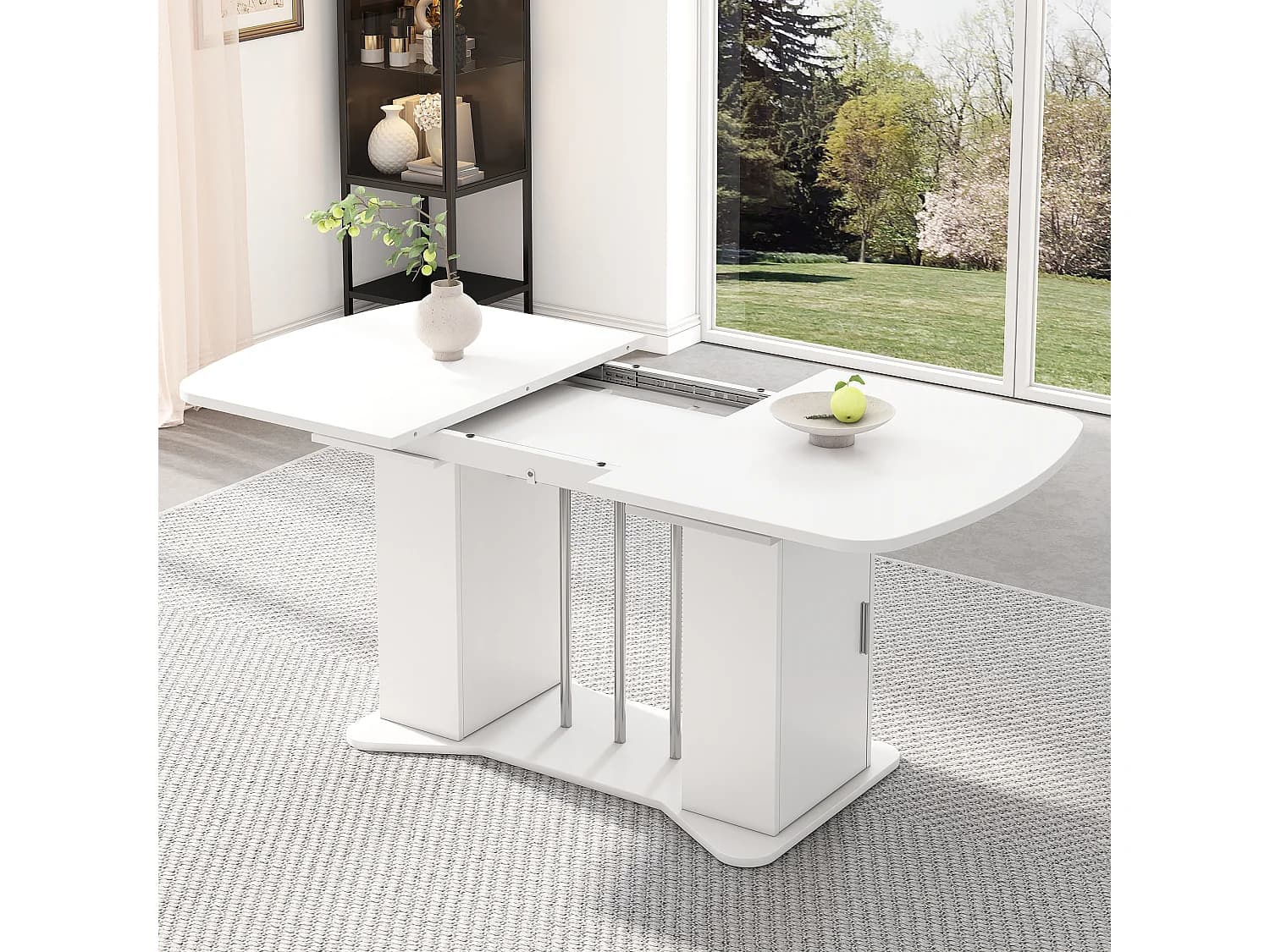 Table à manger extensible 4 à 6 couverts avec 2 portes - 120/160 x 80 x 75 cm - Bois MDF - Blanc + pieds argentés
