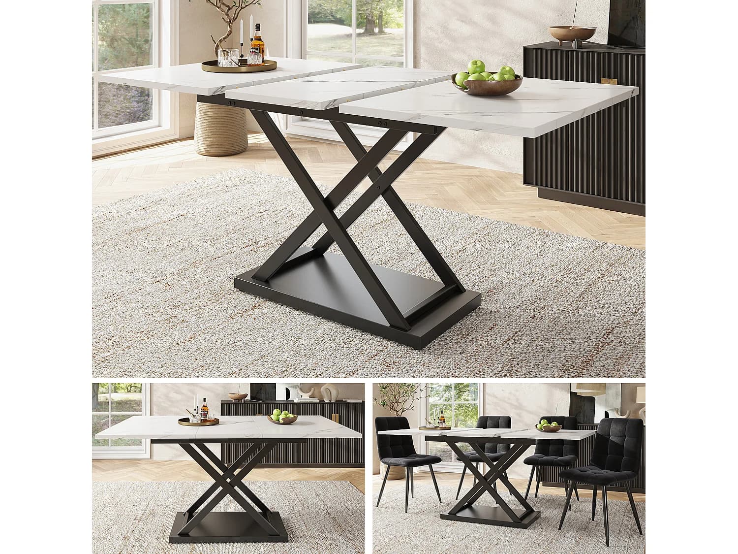 Table à manger extensible 4 à 6 couverts - 120/160 x 80 x 75 cm - MDF et pieds en métal - Plateau en effet marbre - Couleur blanc