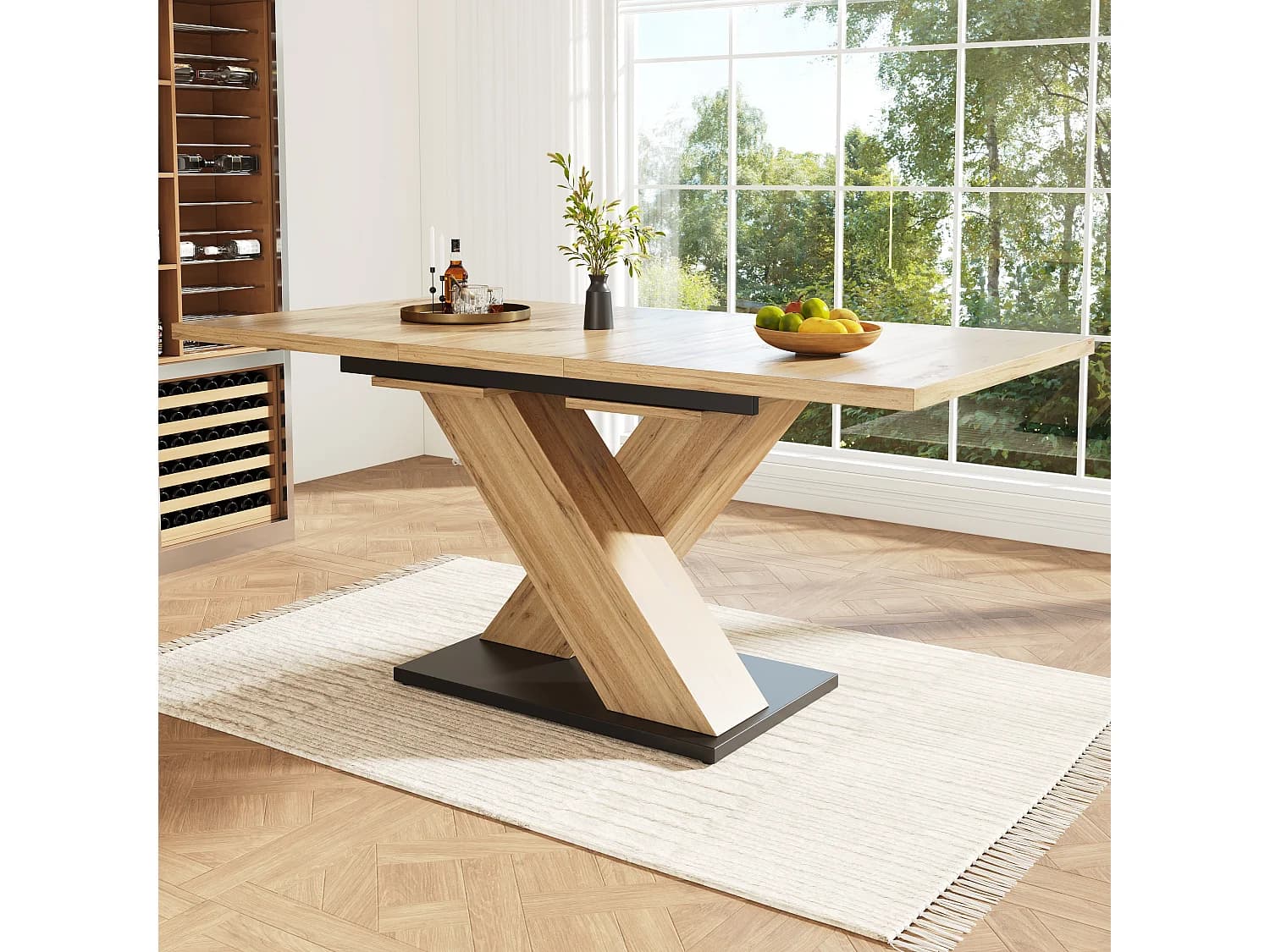 Table à manger estensible 4 à 6 couverts - 119/158.5 x 80 x 75 cm - Bois MDF - pour cuisine et salon - Pièds croissés - Naturel