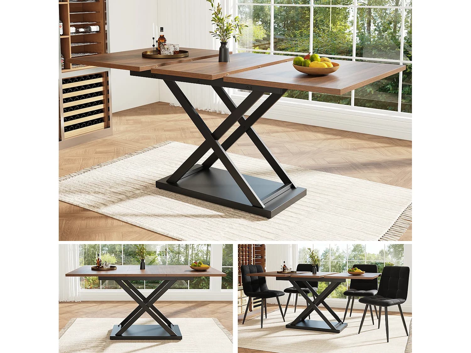 Table à manger extensible 4 à 6 couverts - 120/160 x 80 x 75 cm - MDF et pieds en métal - Couleur noyer
