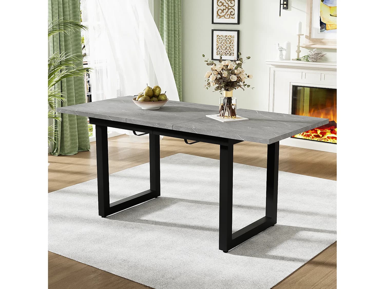 Table à manger extensible 4 à 6 couverts - 140/180 x 80 x 75 cm - MDF et pièds en fer - Effet marbre - Gris