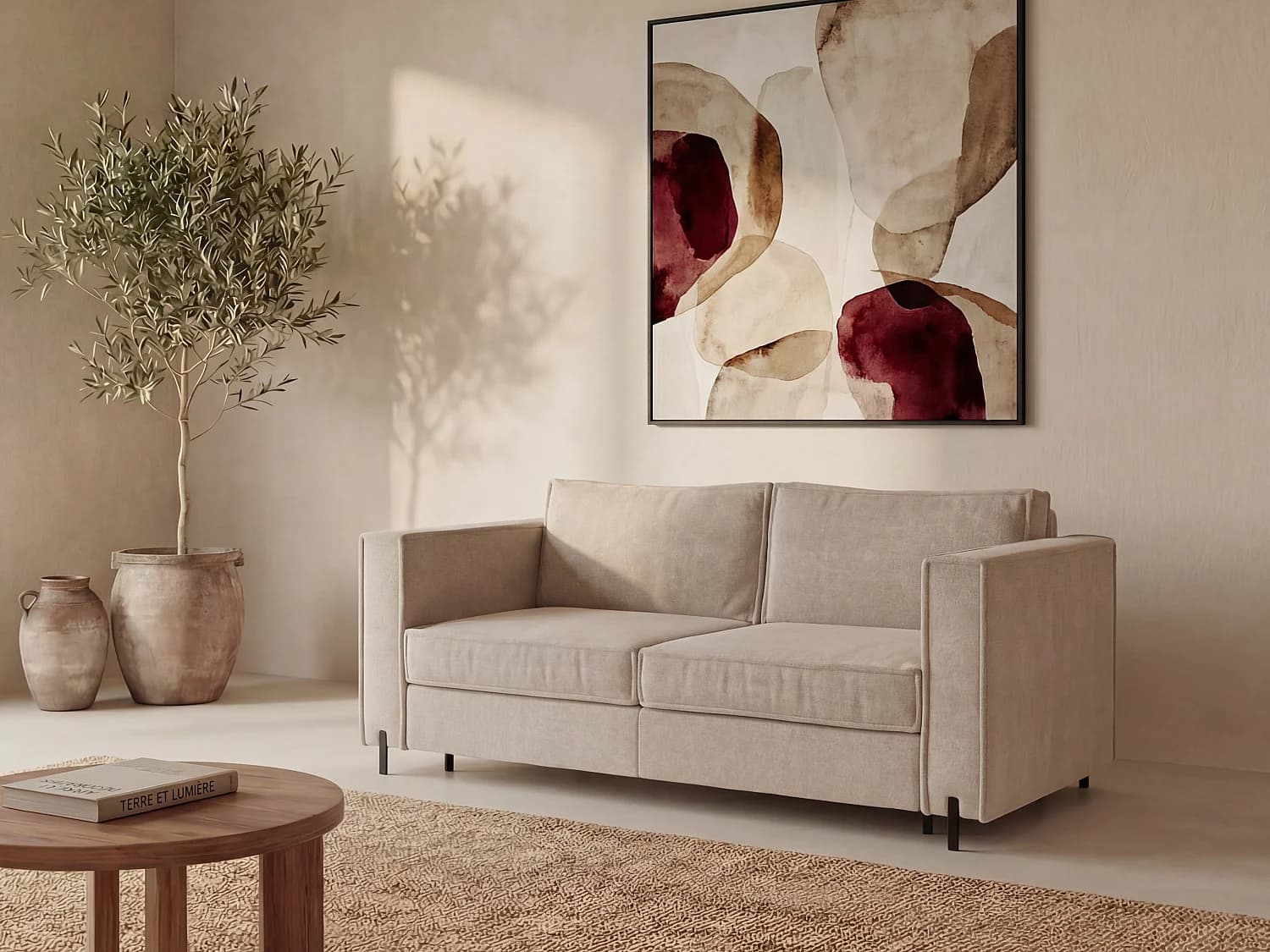 Canapé 3 places convertible express en tissu texturé beige - Couchage 140 cm - Matelas 20 cm - ELORYA