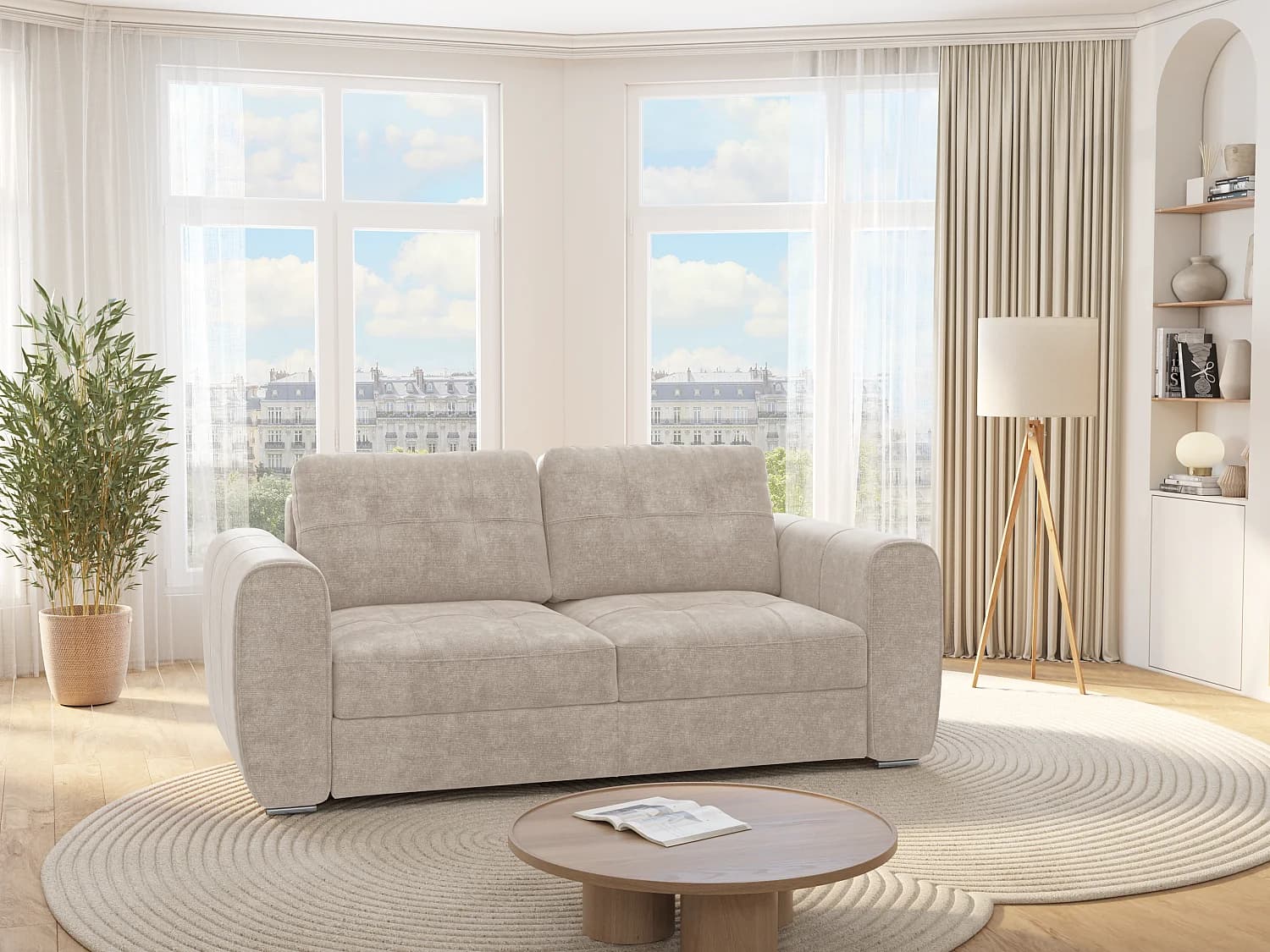 Canapé 3 places convertible express en tissu beige - Couchage 140 cm - Matelas 14 cm - BOLIPO