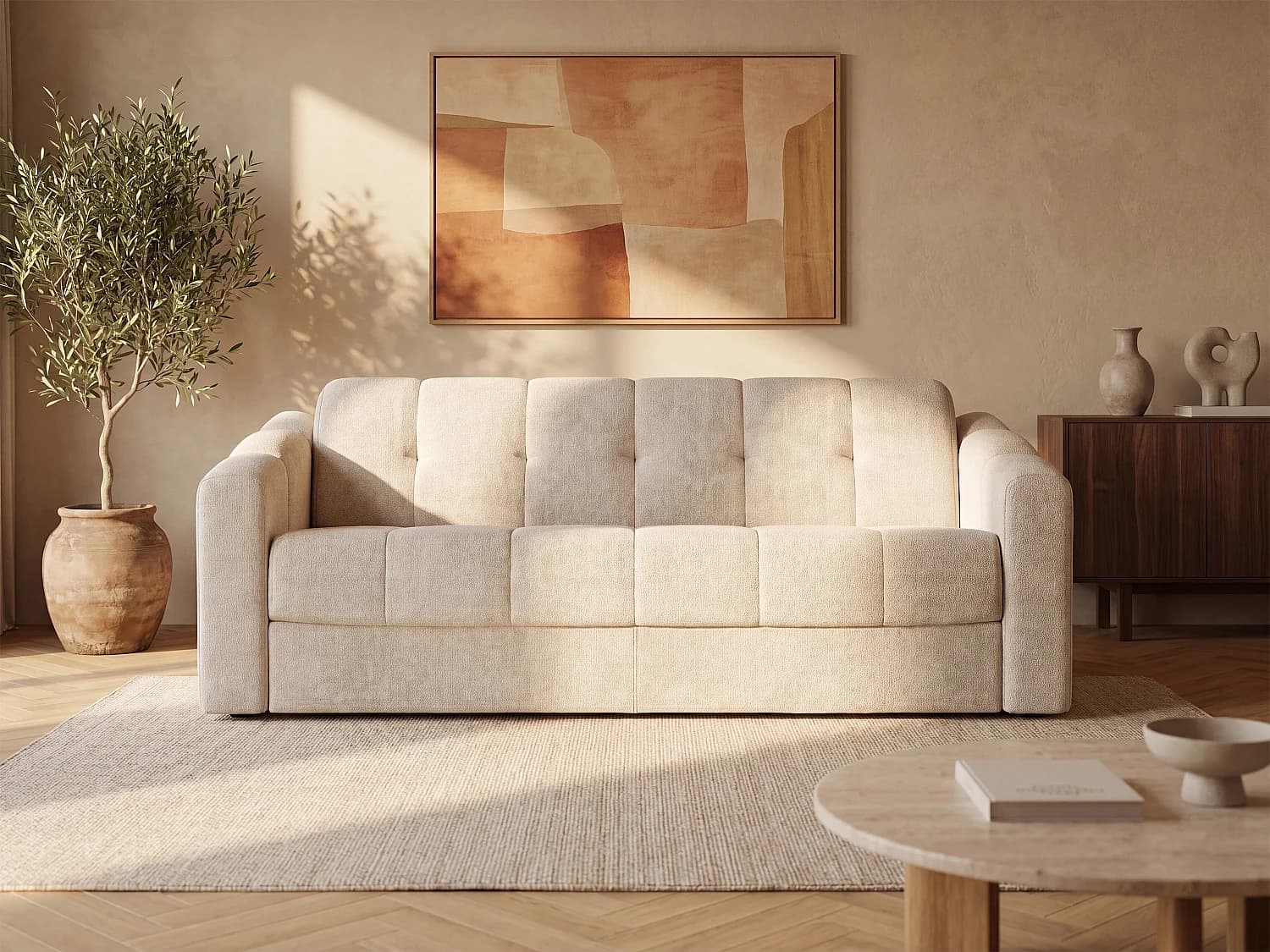 Canapé 4 places convertible express en tissu texturé beige - Couchage 160 cm - Matelas 22 cm avec mémoire de forme - DARIELO