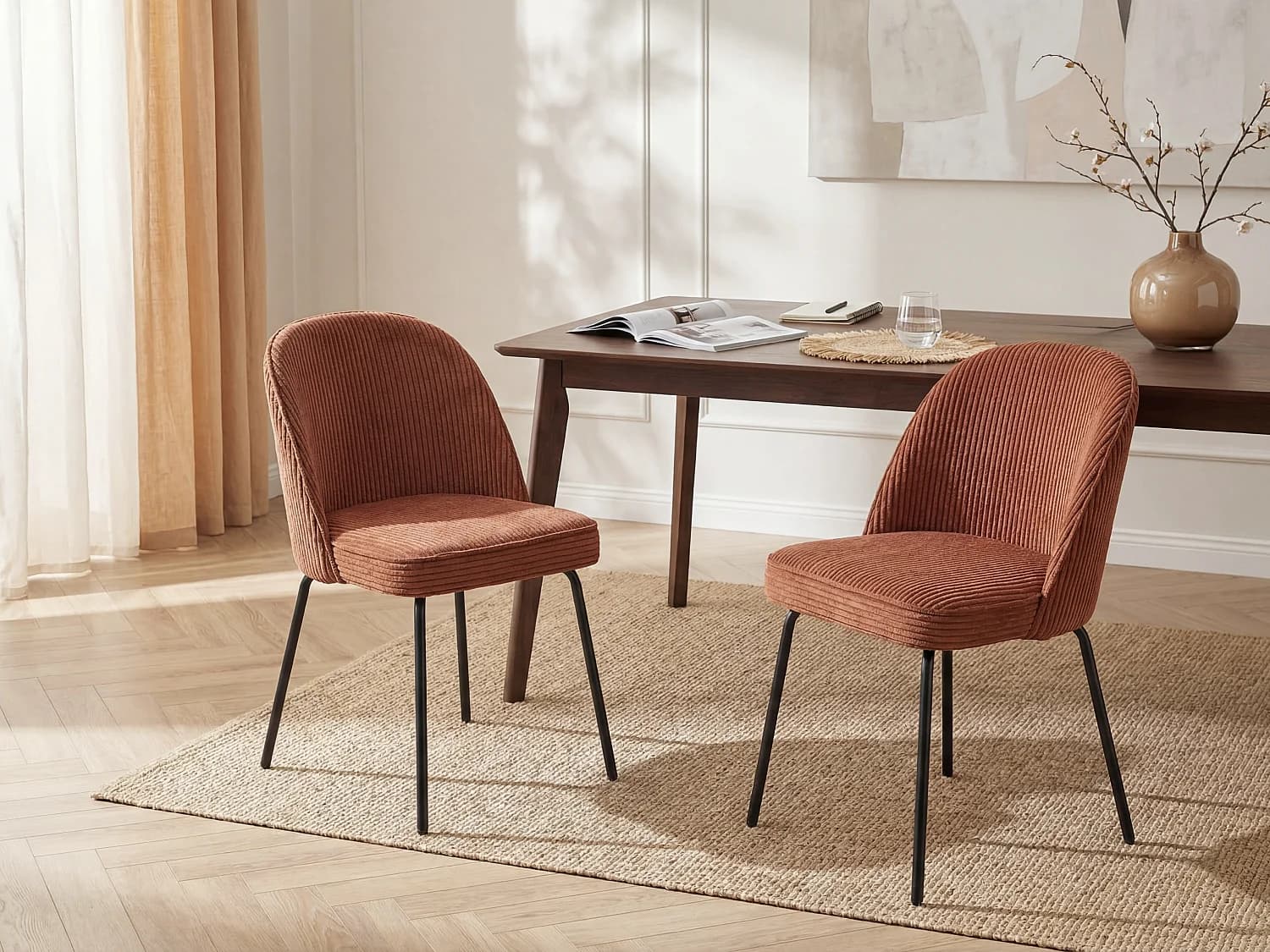 Lot de 6 chaises en velours côtelé et métal noir - Terracotta - ALPALI