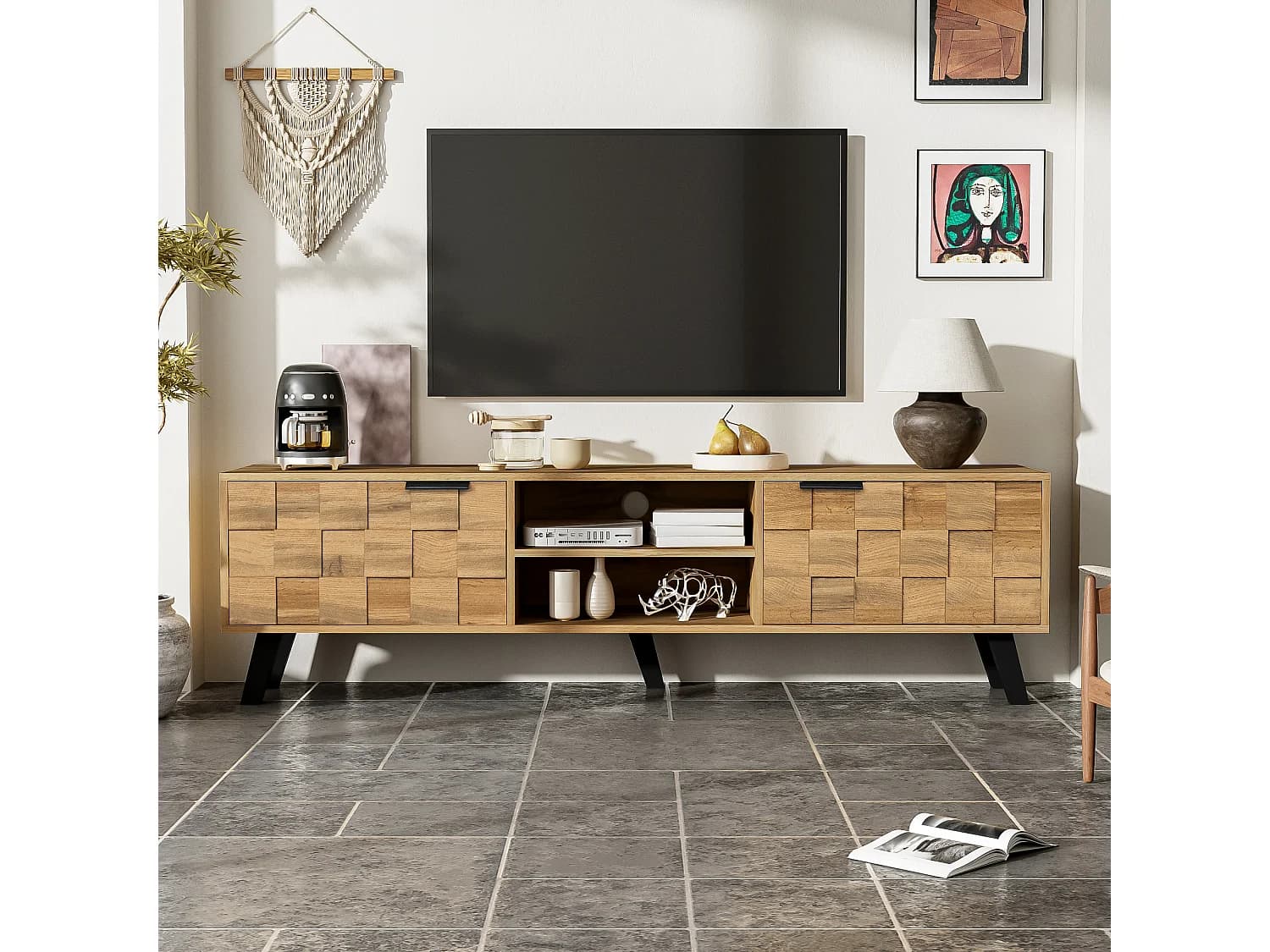 URBAN MEUBLE Meuble TV moderne effet bois avec 2 portes et 2 compartiments ouverts 160x35x45cm