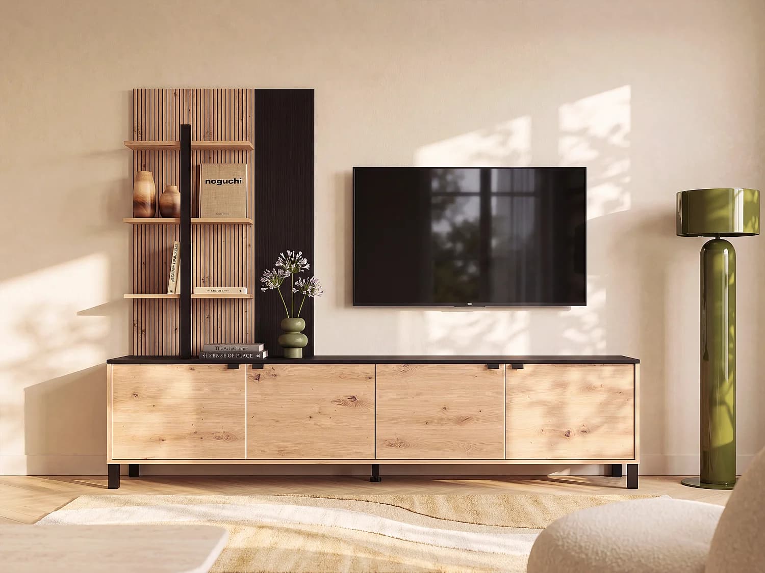 Mur TV avec 4 portes et 3 étagères - Naturel et Noir - NUJA