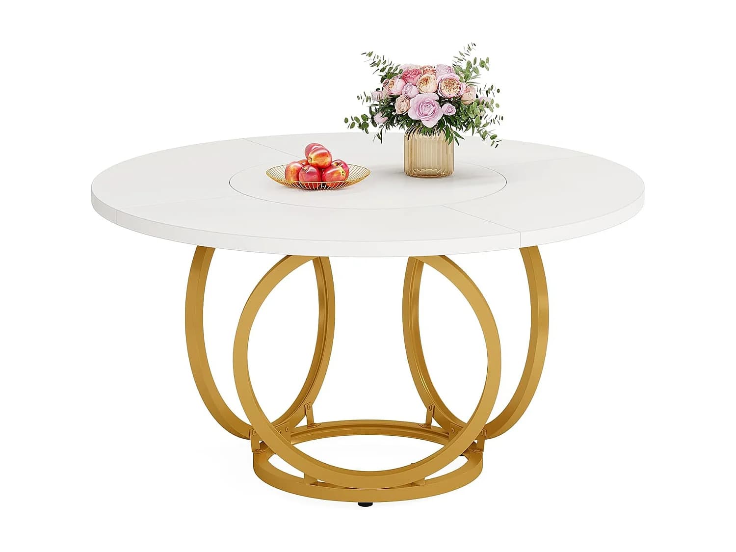 Table à Manger Ronde pour 4, Table de Cuisine Blanche avec Pied métallique doré, Table à Manger en Bois (120 * 120 cm, Blanc et Or)