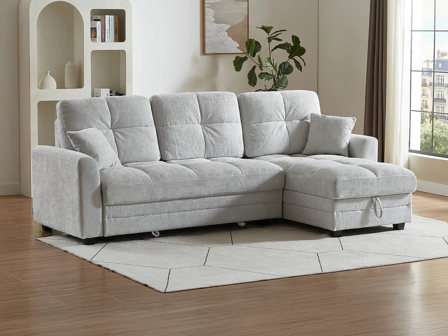 Canapé d'angle convertible et réversible en tissu chenille gris clair LUMARIO