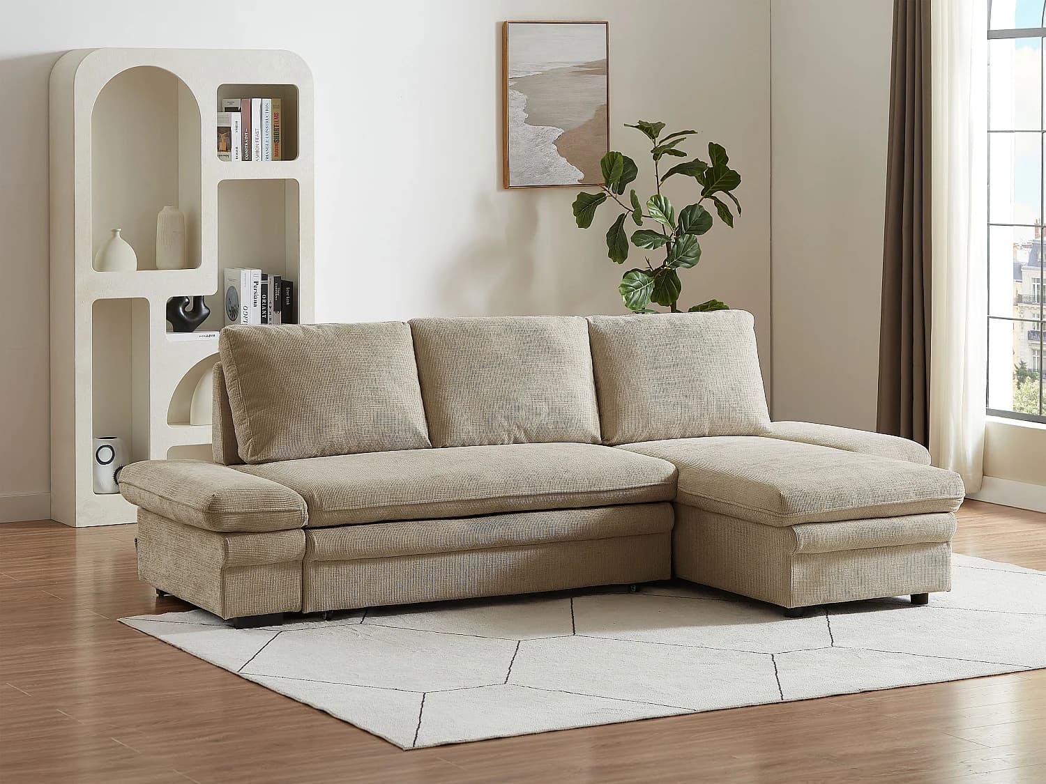 Canapé d'angle convertible et réversible en tissu chenille beige SIVIARA