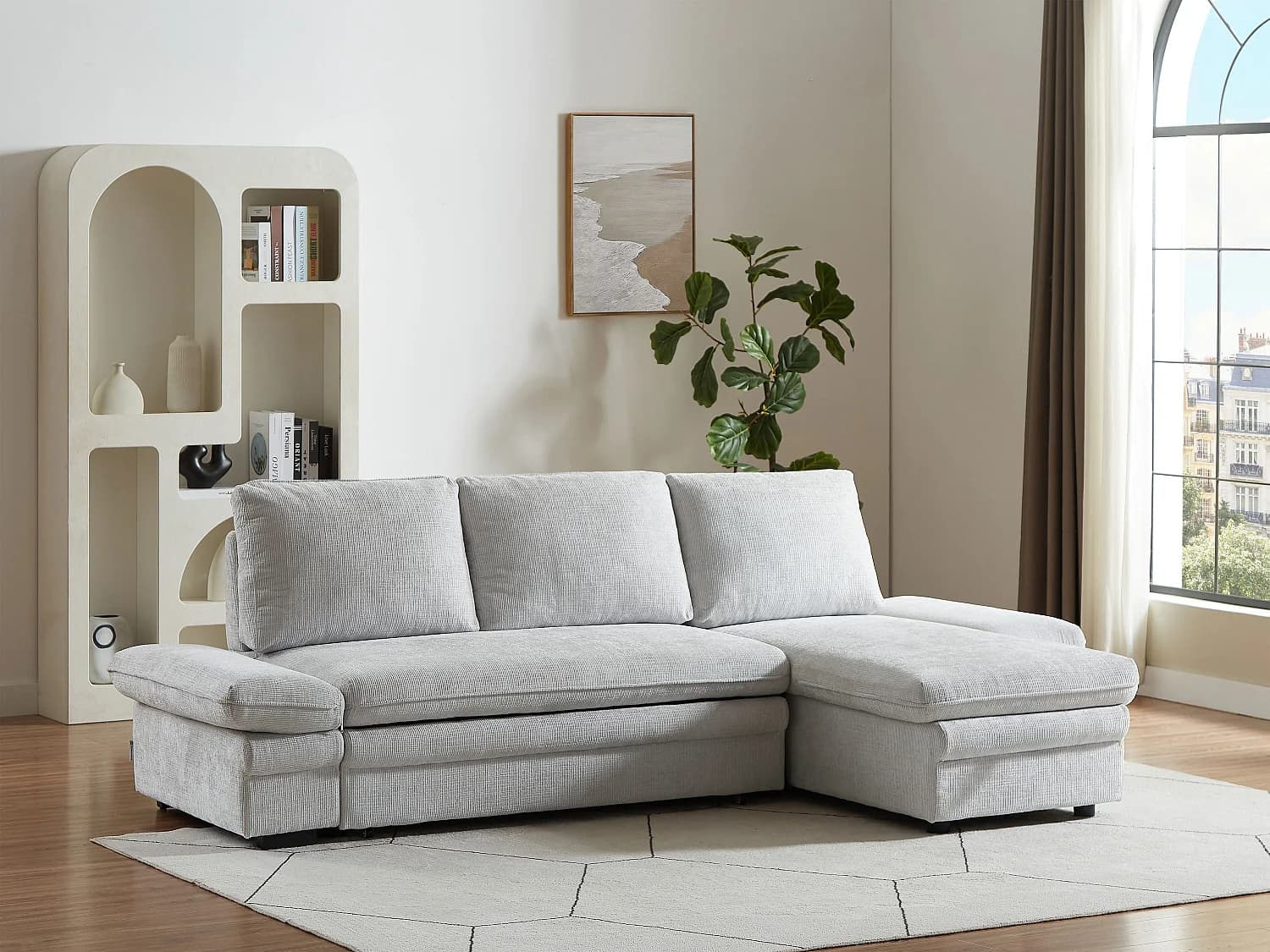 Canapé d'angle convertible et réversible en tissu chenille gris clair SIVIARA