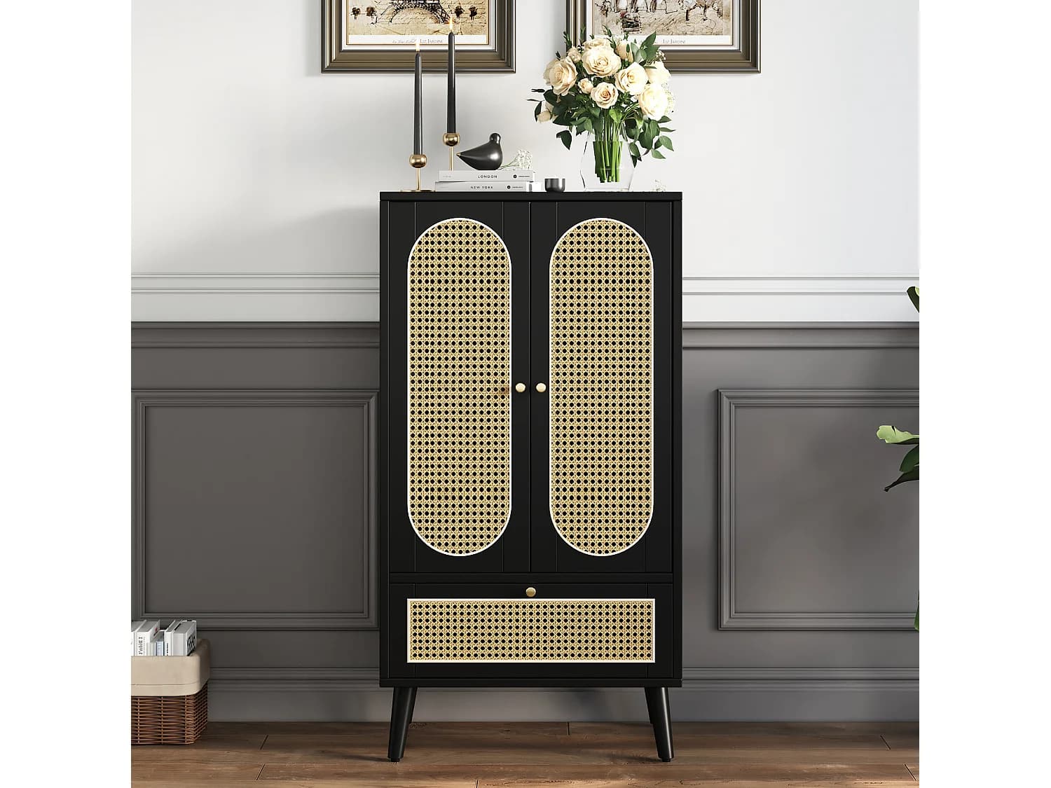 URBAN MEUBLE Buffet haut noir en rotin 2 portes et 1 tiroir 60*40*110.5 cm