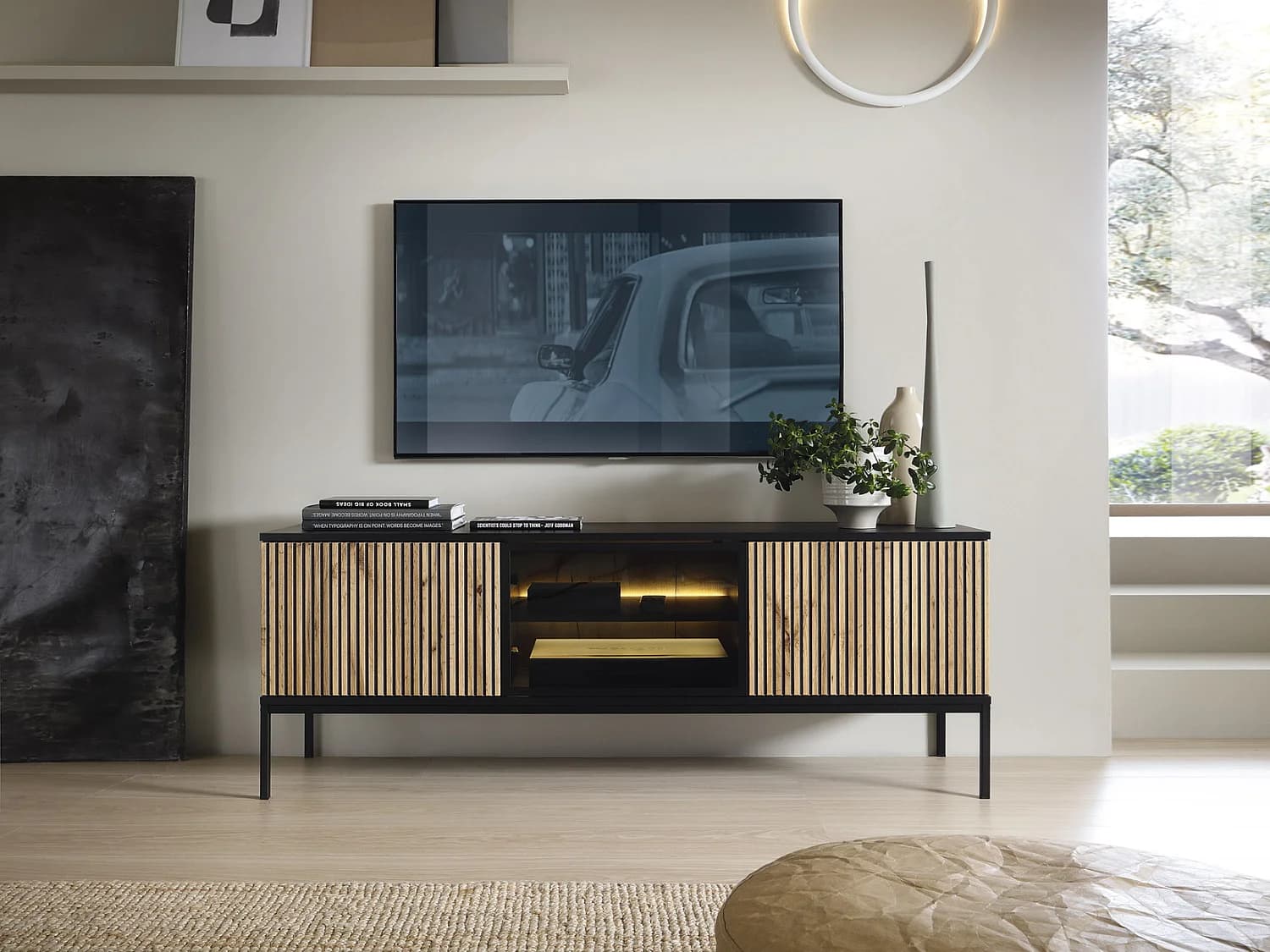 Meuble TV 150 cm Haller - Lamelles, Loft, Meuble TV avec éclairage LED, 3 Portes, Industriel, Noir + Marron
