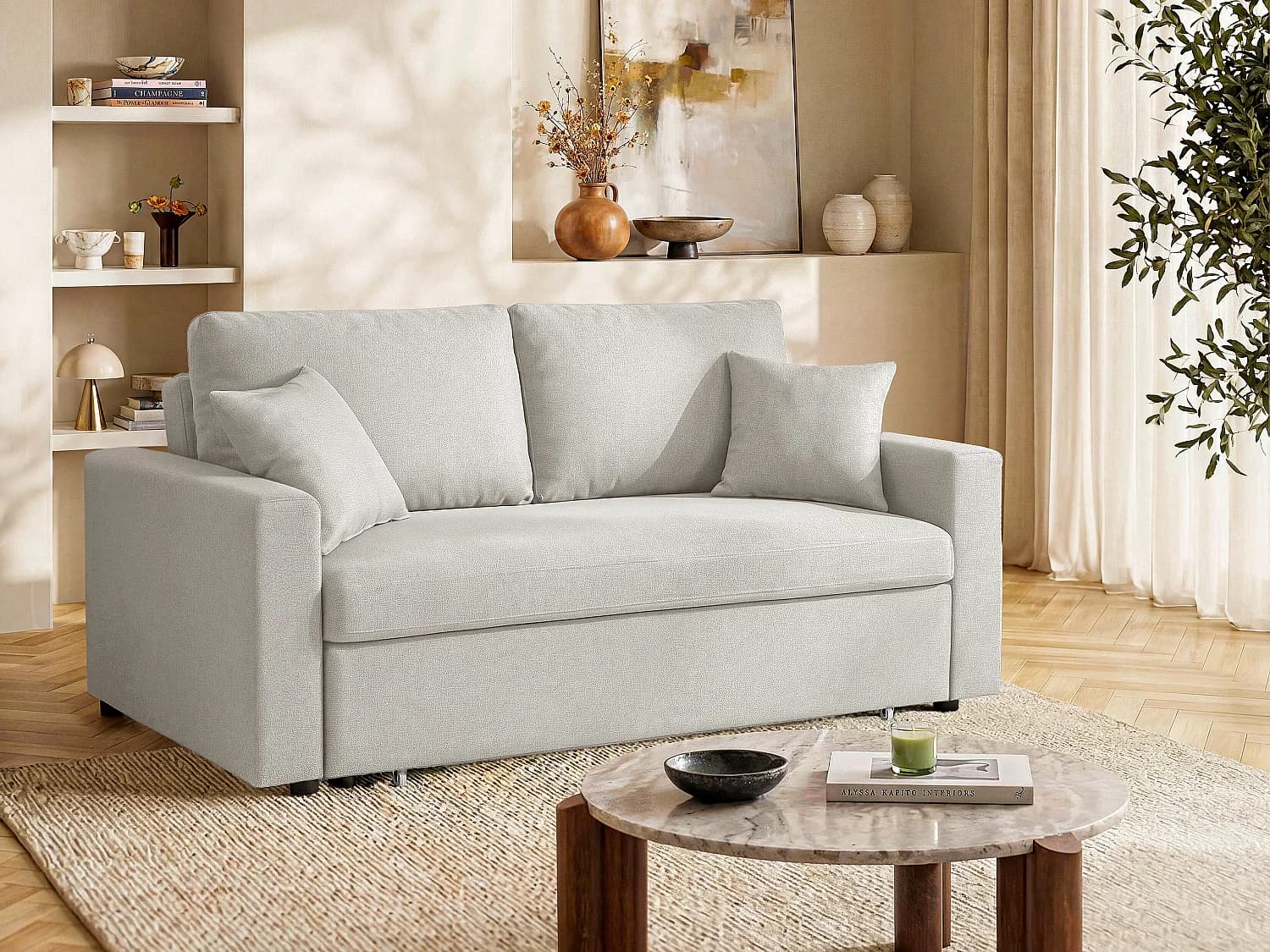 Canapé 3 places convertible en tissu beige INIZOR