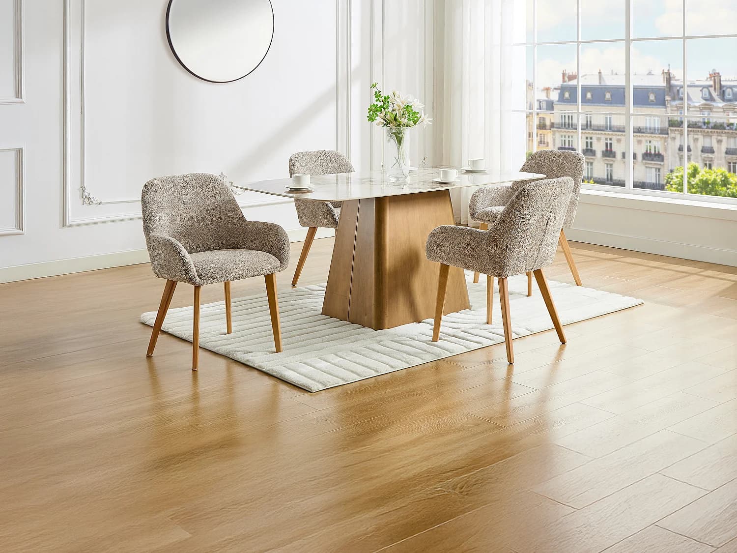 Lot de 2 chaises avec accoudoirs en tissu bouclette et bois d'hévéa - Taupe et naturel clair - VALENYO