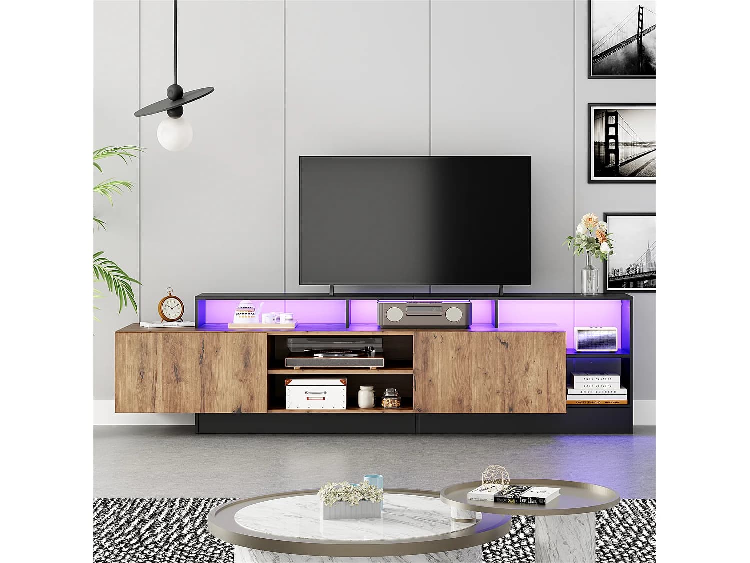 Meuble TV avec 2 portes et étagères - 190 x 40 x 48.5 cm - LEDs - Panneaux de particules - Chêne et noir
