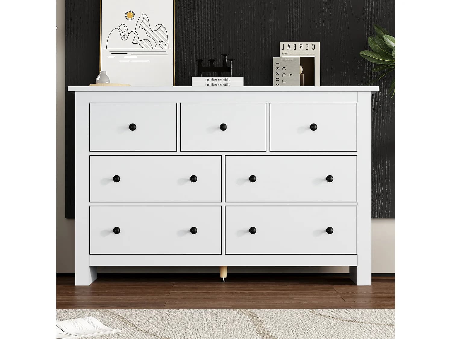 Buffet moderne avec 7 tiroirs - 152 x 40 x 89 cm - Panneaux de particules - pour salle à manger - Blanc