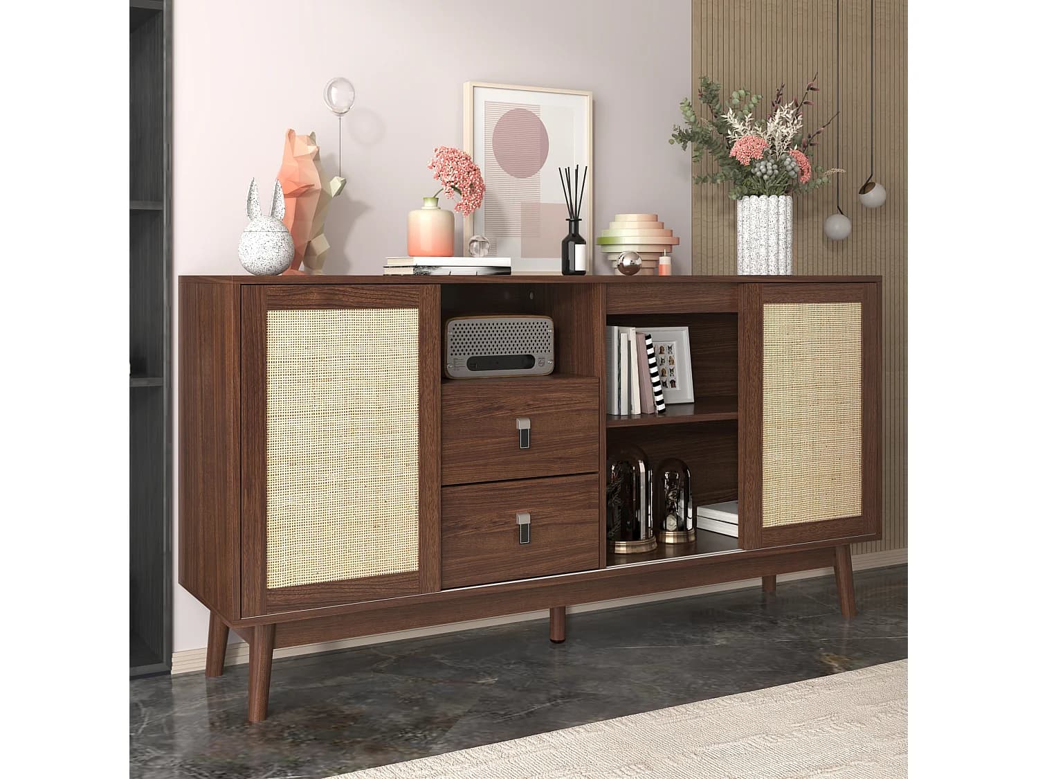 Buffet avec 2 tiroirs et 3 portes coulissantes en rotin - 155 x 38 x 80 cm - MDF, Panneau de particules - Marron