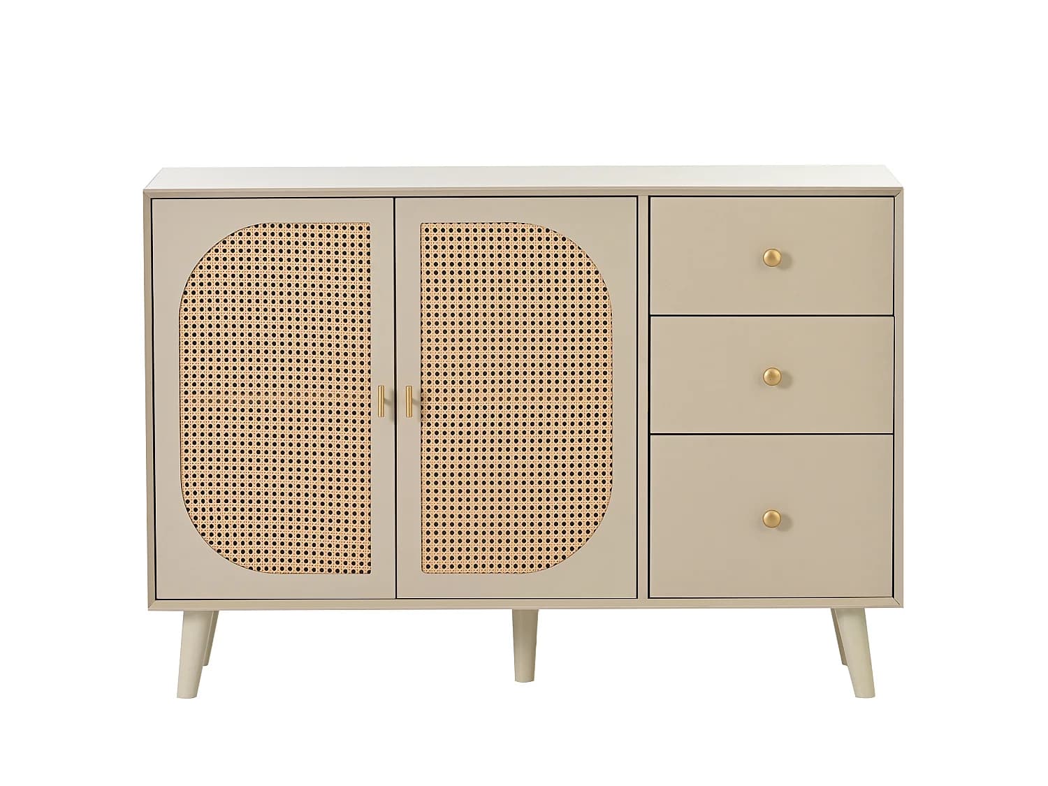 Buffet effet bois clair avec portes et tiroirs blanc cassé crème poignets dorés 120*40*82cm Ghuxeots