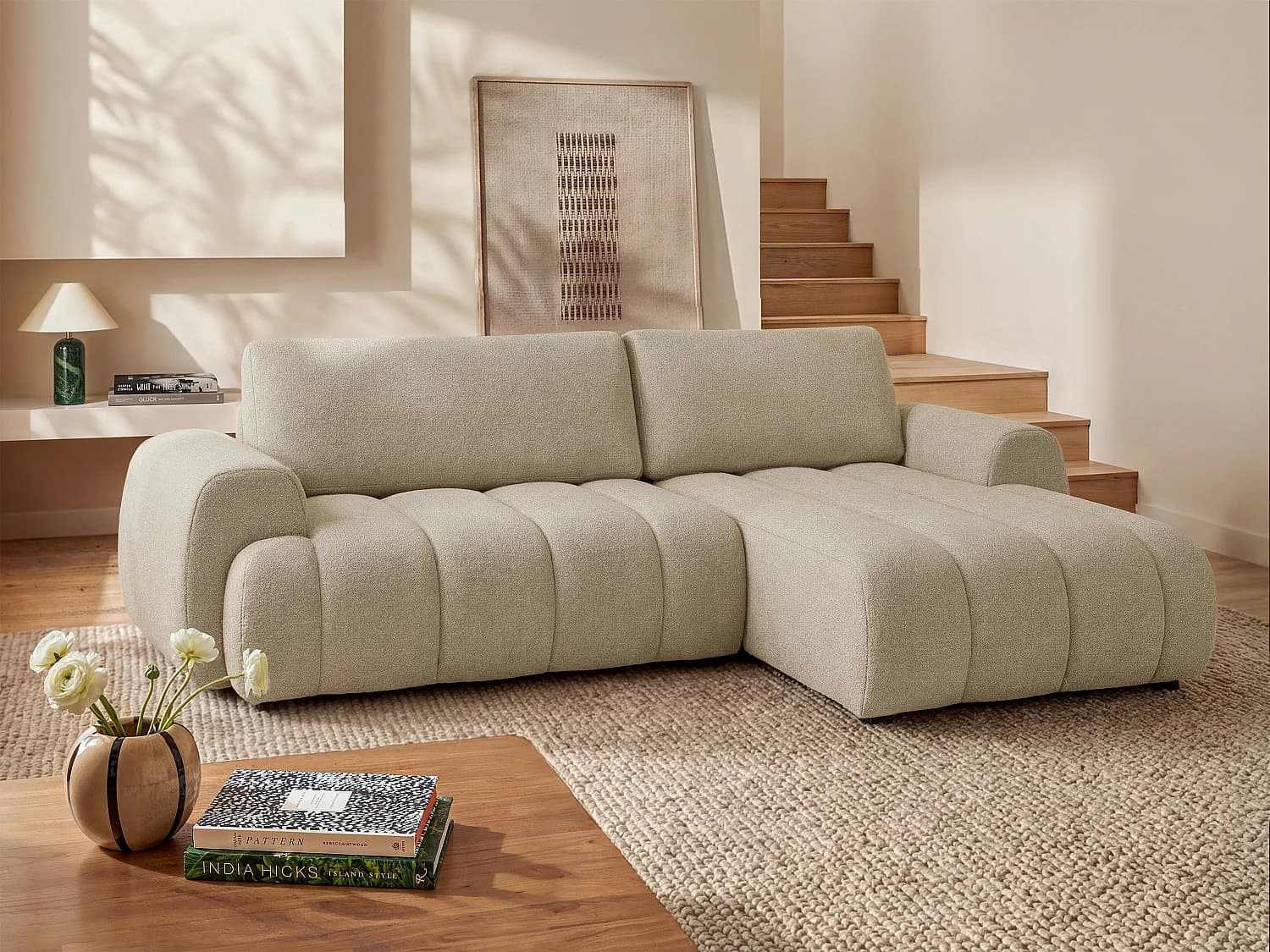 Canapé d'angle droit convertible en tissu beige FRIDORA