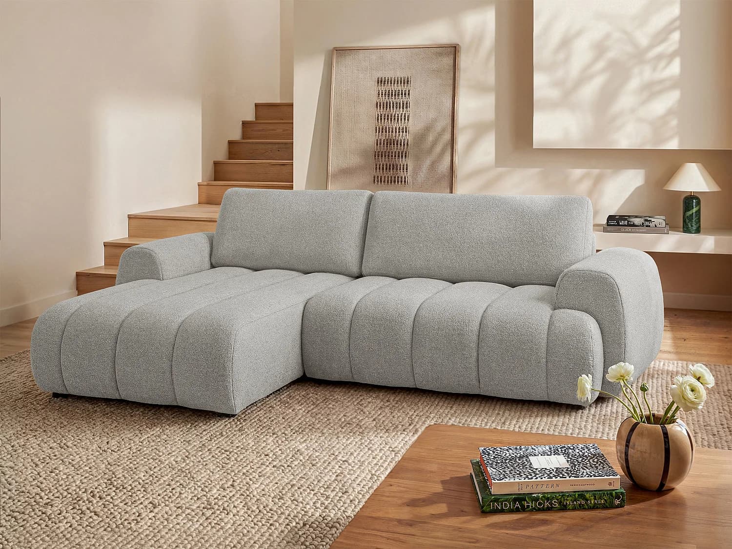 Canapé d'angle gauche convertible en tissu gris clair FRIDORA