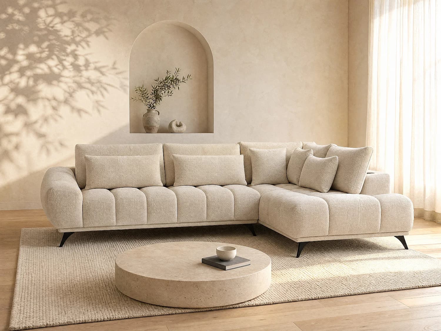 Canapé d'angle droit avec dossier relevable en velours texturé beige MAVIRO