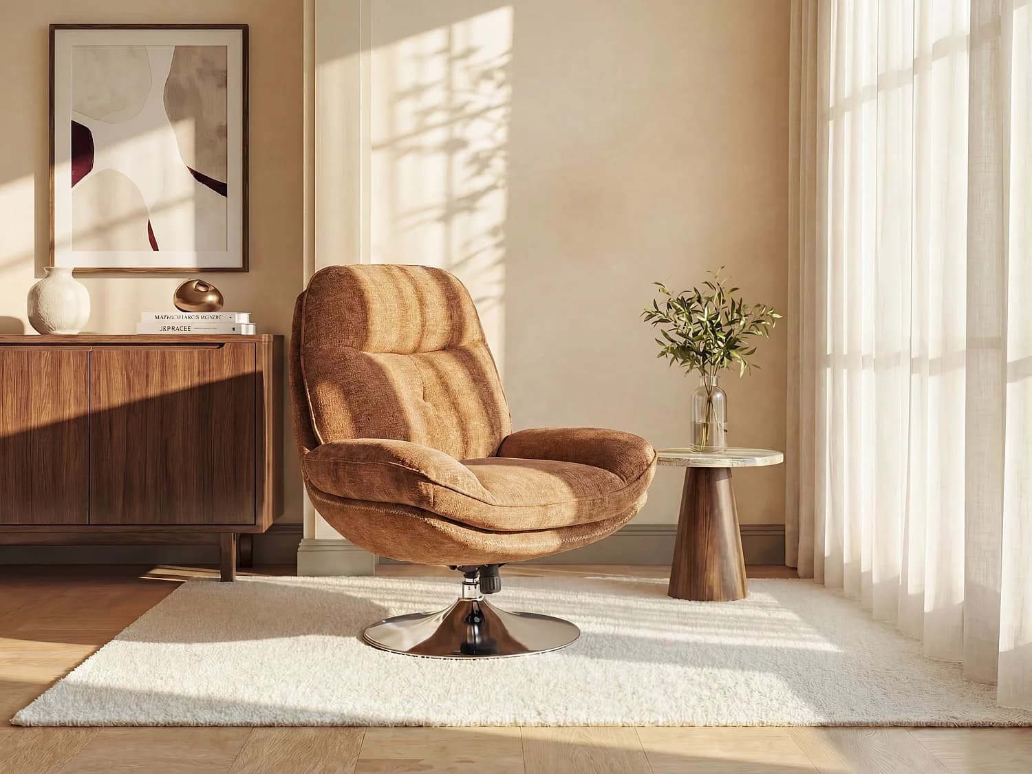 Fauteuil pivotant en tissu texturé jaune moutarde ILMACA