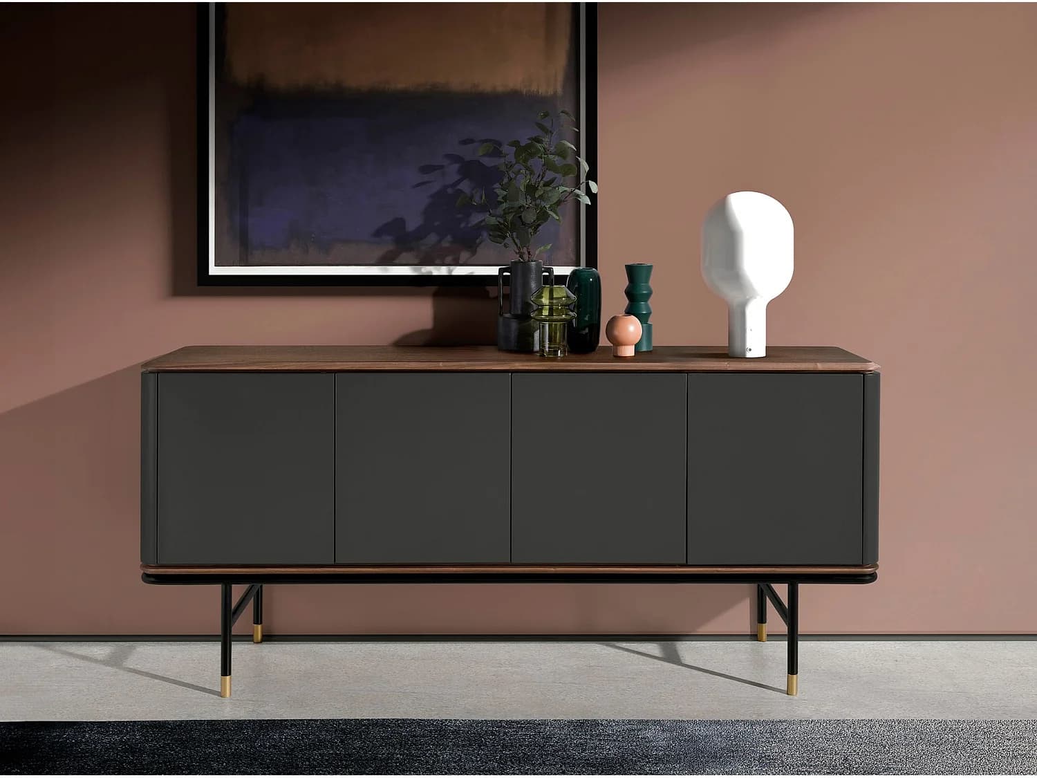 Buffet en bois gris foncé, acier noir et plateau en noyer 3264 ANGEL CERDA