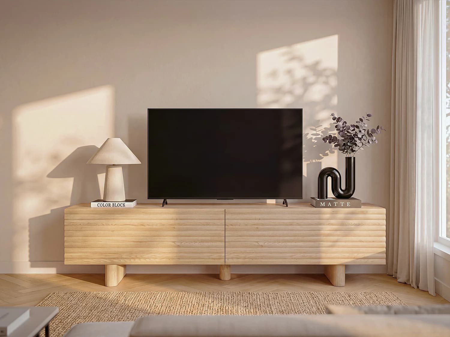 Meuble TV avec 2 portes en MDF - 180 cm - Naturel - LUDIMA