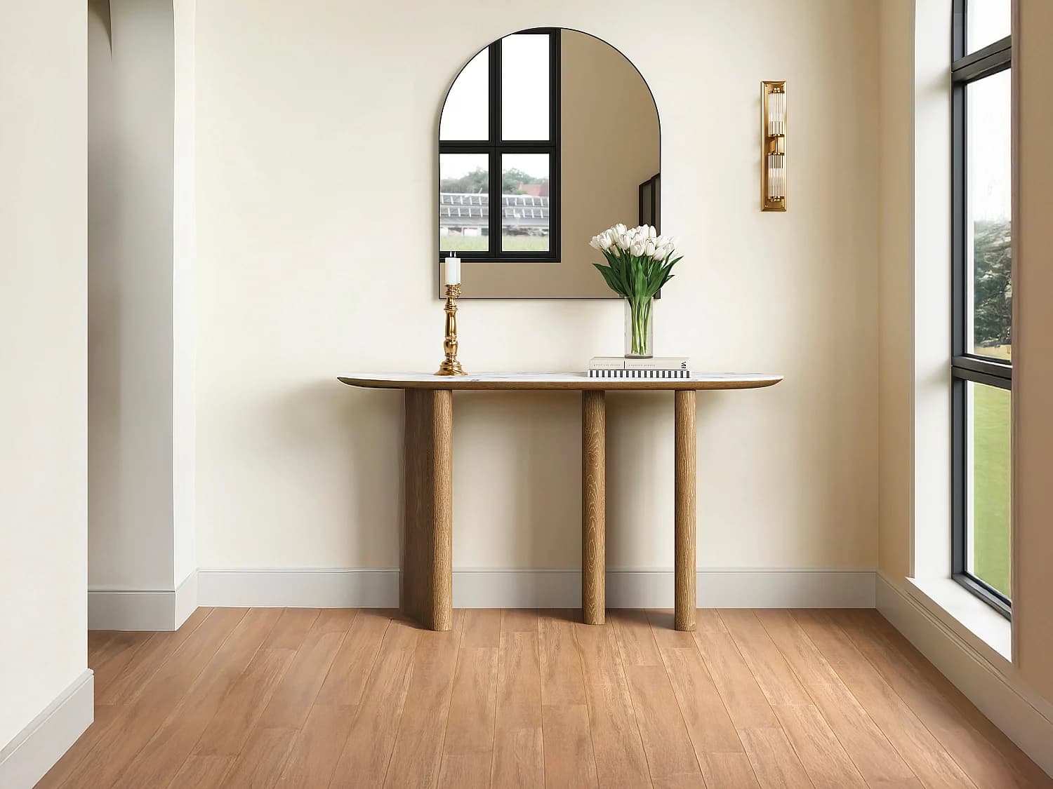 Console en céramique et MDF - Naturel et effet marbre blanc - MODREYO