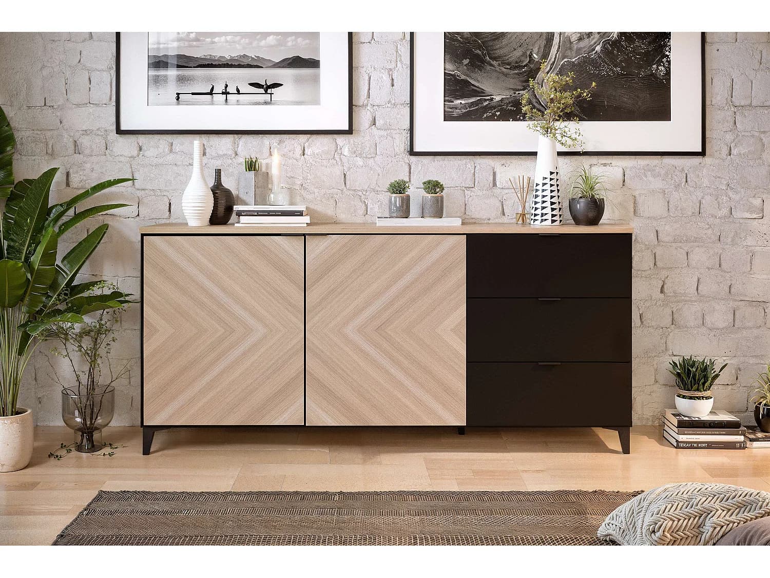 Buffet Neo 2 portes 3 tiroirs 83,5x180x44 cm noir et chêne TALESA