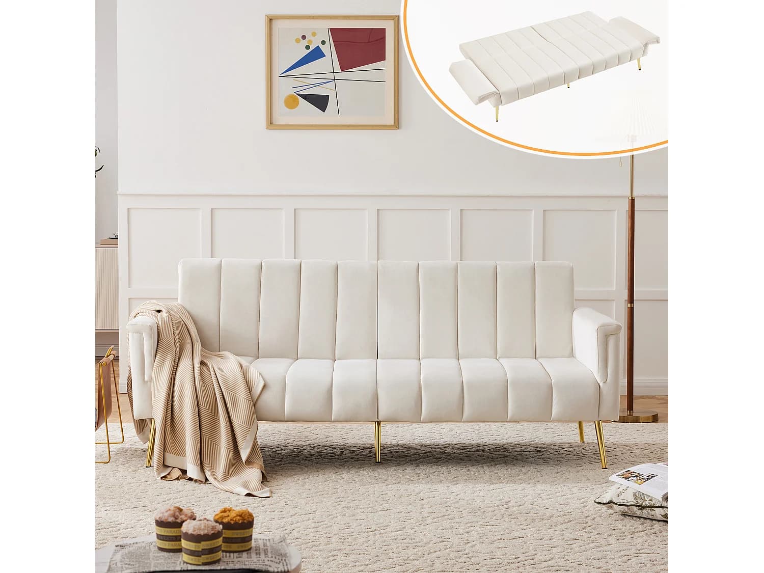 Canapé 2 places convertible clic-clac en velours - 183 x 76 x 75 cm - Pieds en métal doré - Beige