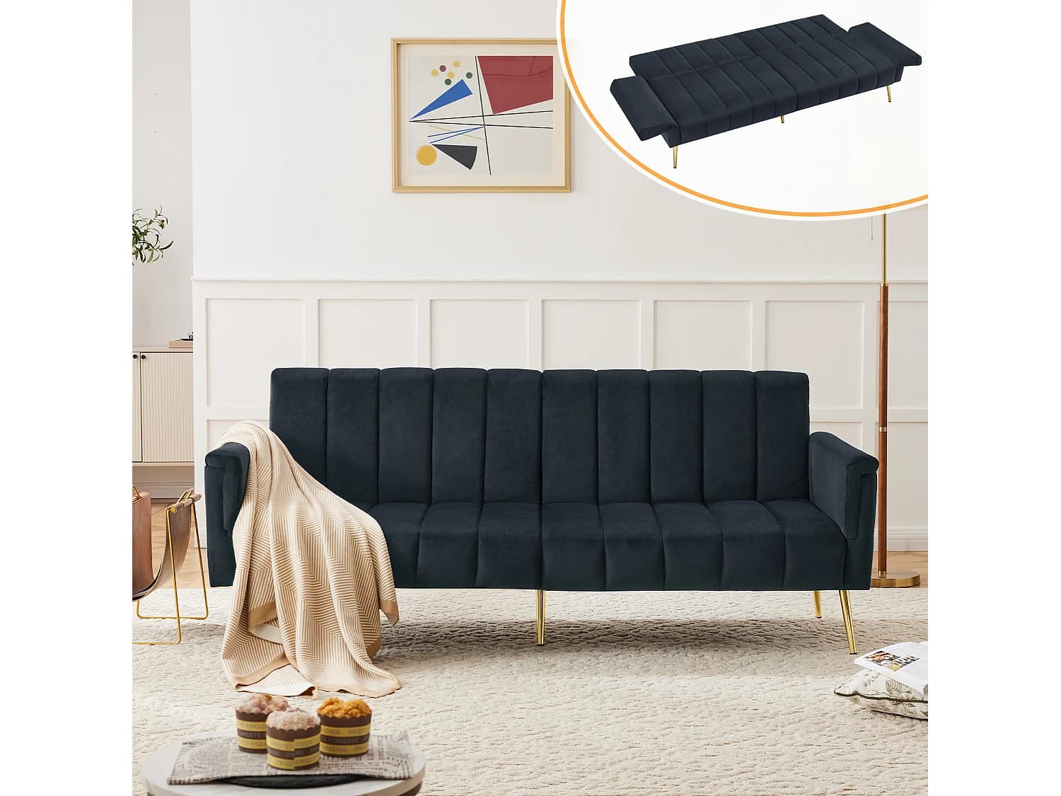 Canapé convertible 2 places clic-clac en velours - 183 x 76 x 75 cm - Pieds en métal doré - Noir